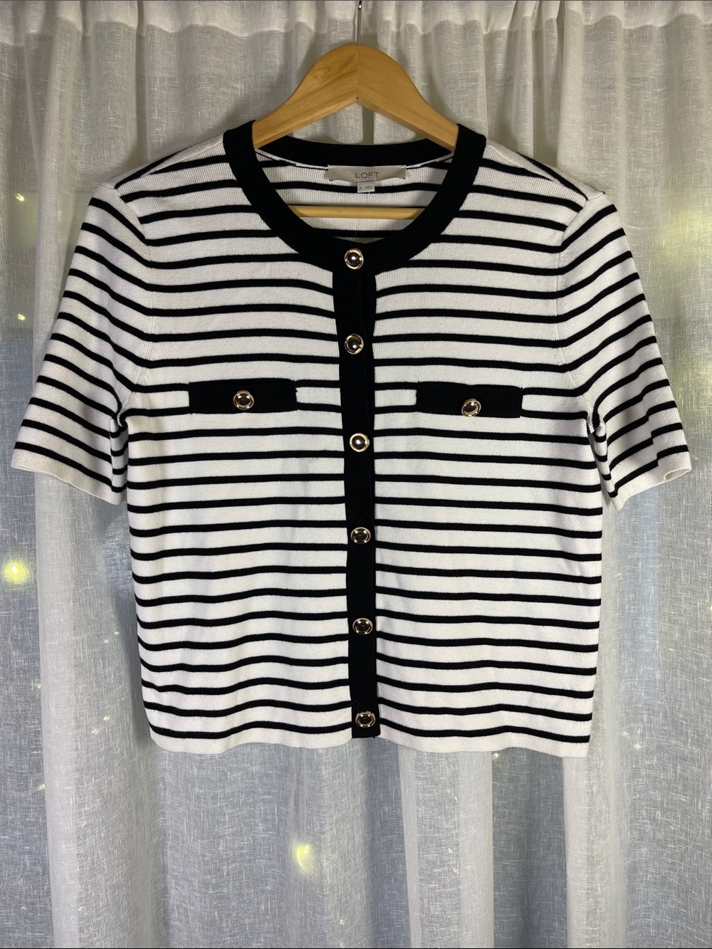 LOFT Black and White Striped Short Sleeve Button-Front Cardigan Top